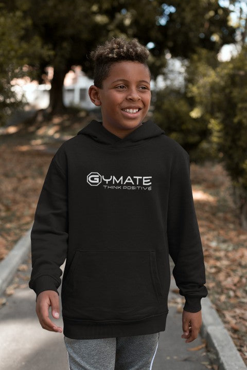 black gymate branded boys and girls hoodie with large logo