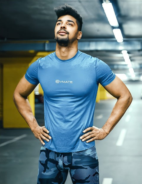 gymate pro recycled performance activewear t shirt centre light blue