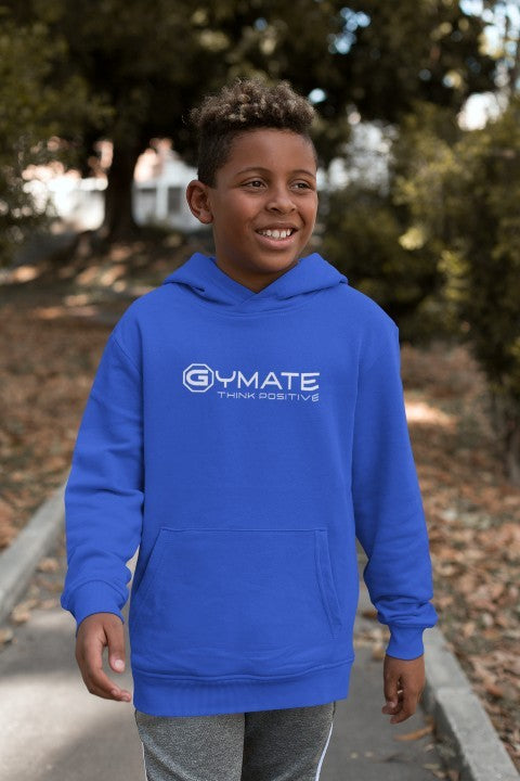 blue gymate branded boys and girls hoodie with large logo