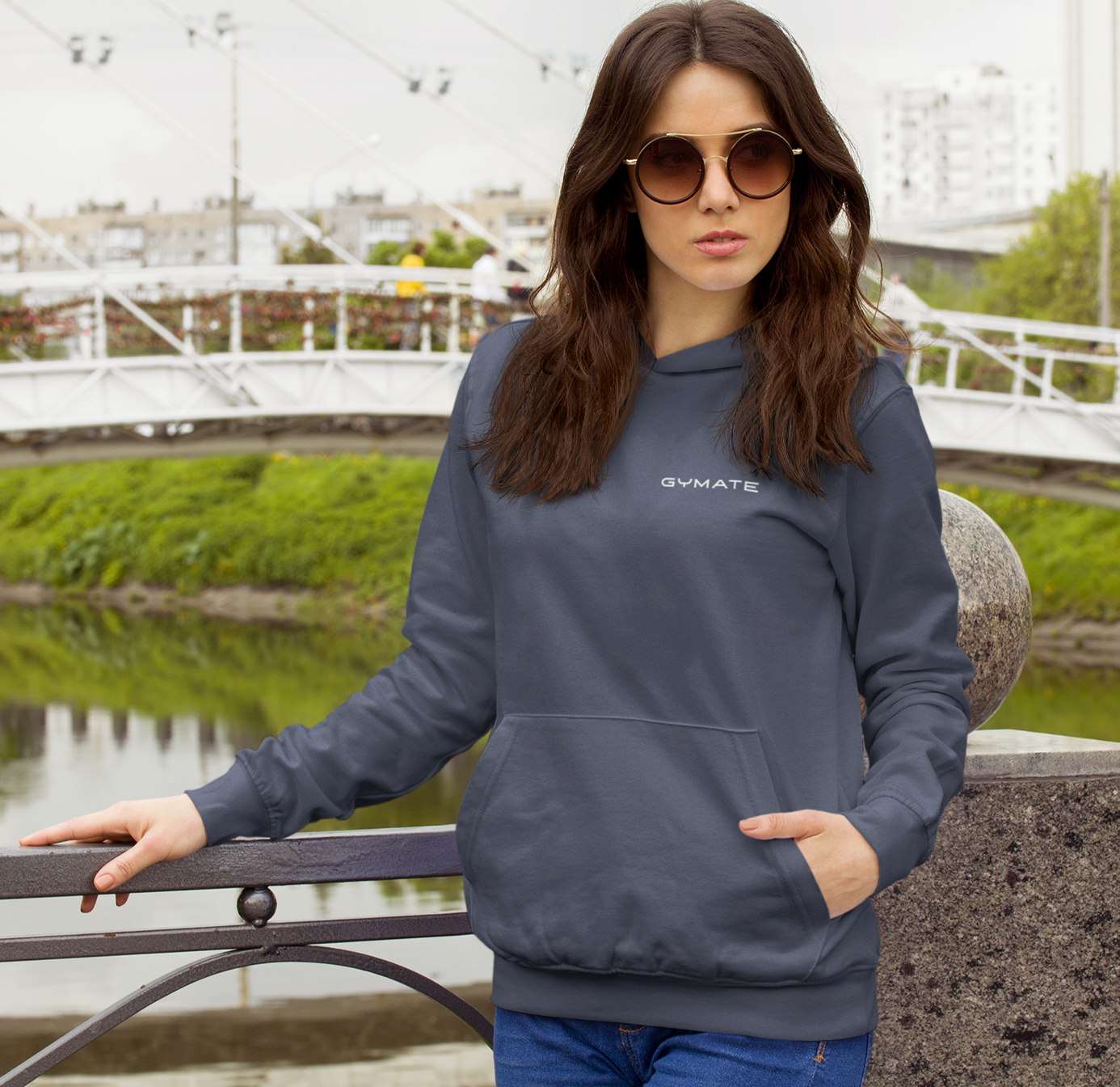 womens blue designer hoodies Original Gymate chest logo dark grey