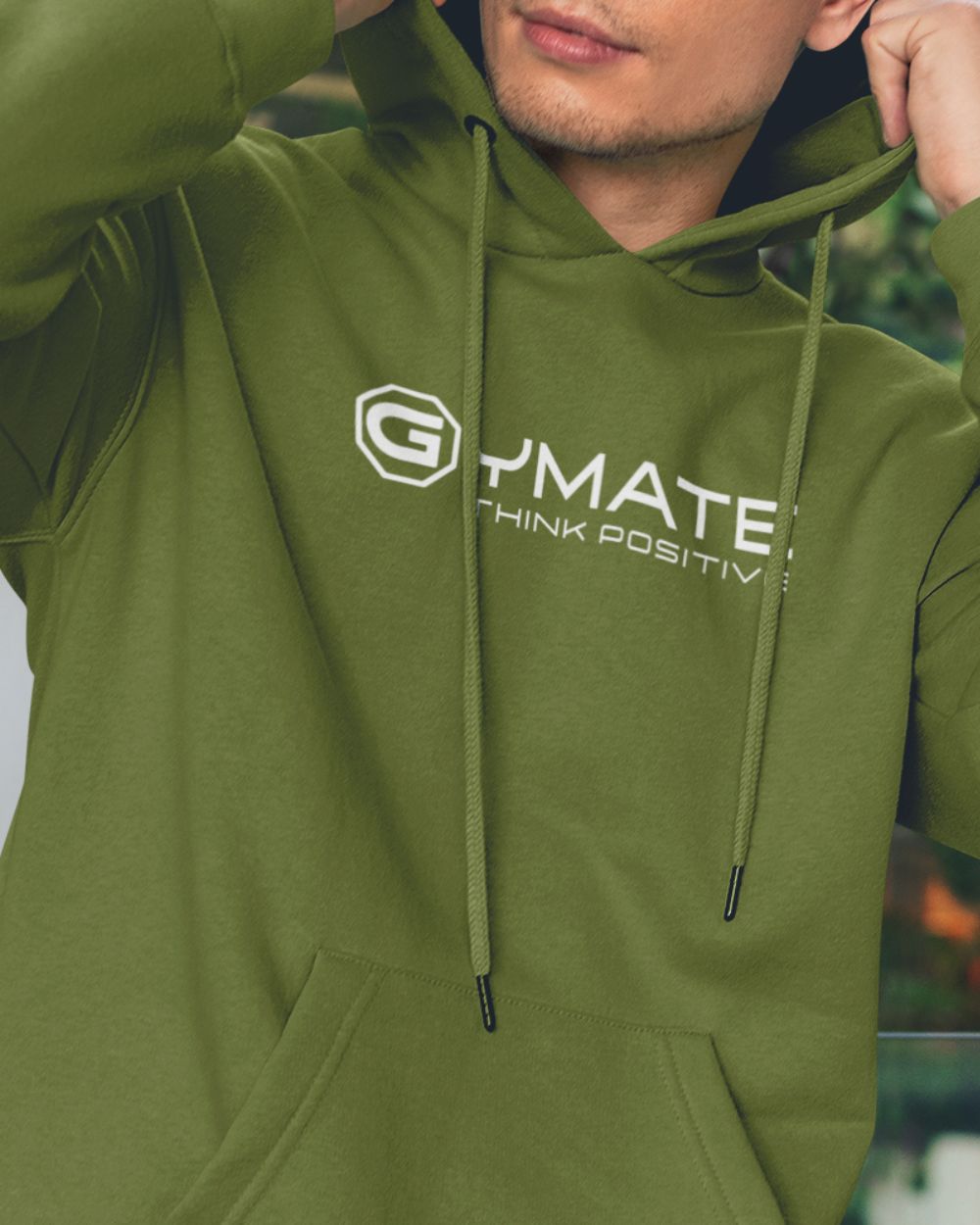 close up of gymate logo on Branded mens hoodies