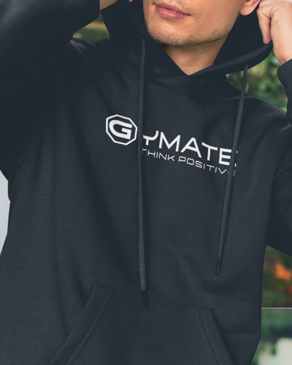 close up of logo on black Branded mens hoodies