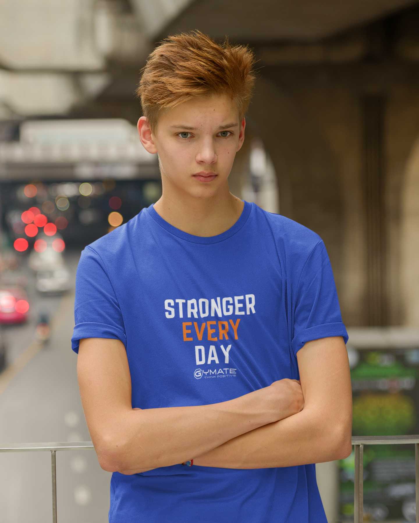 Blue 'Stronger Everyday' positive slogan t shirts for kids