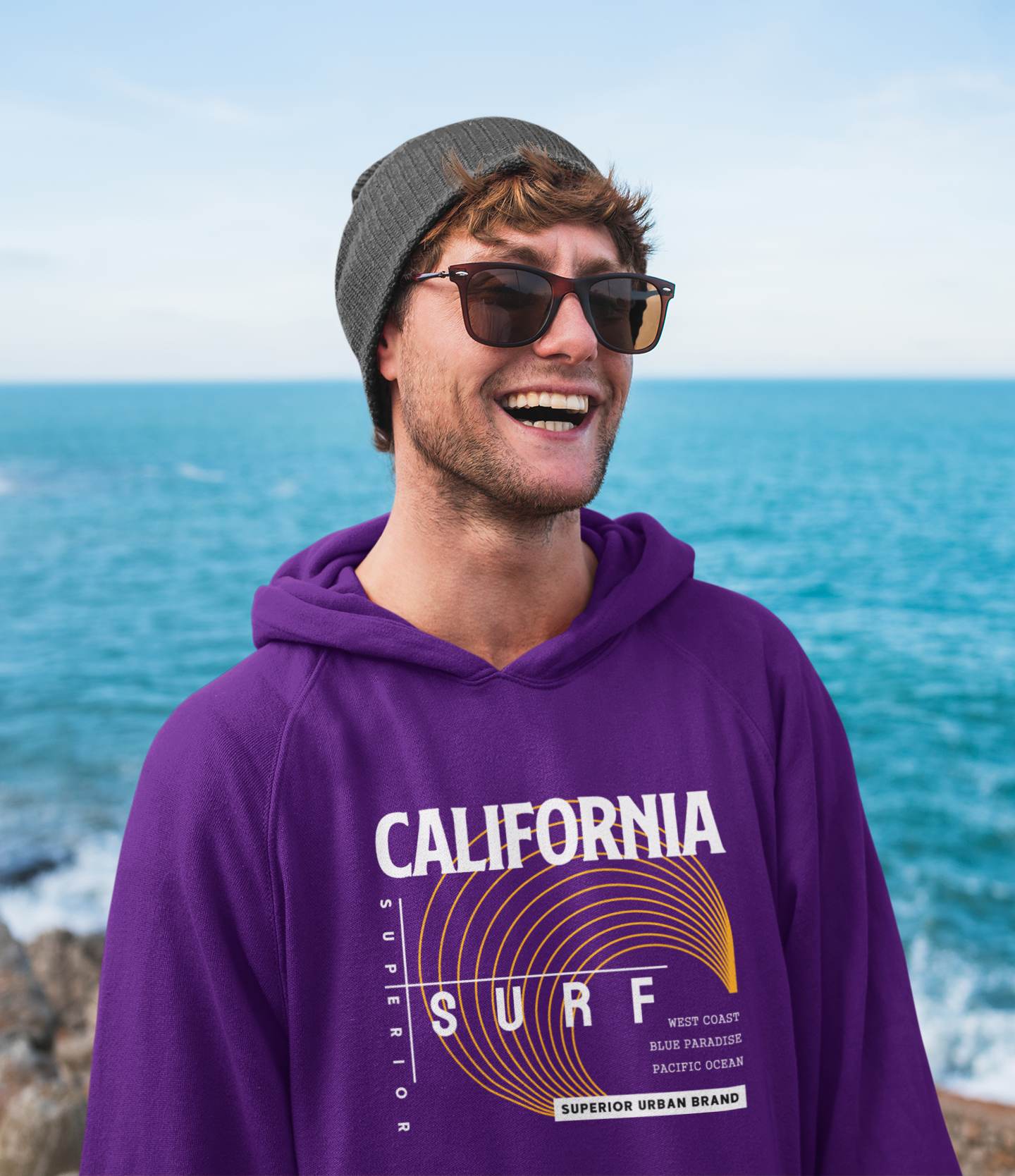 purple Mens Hoodie – California Surf Graphic for Casual or Active Wear