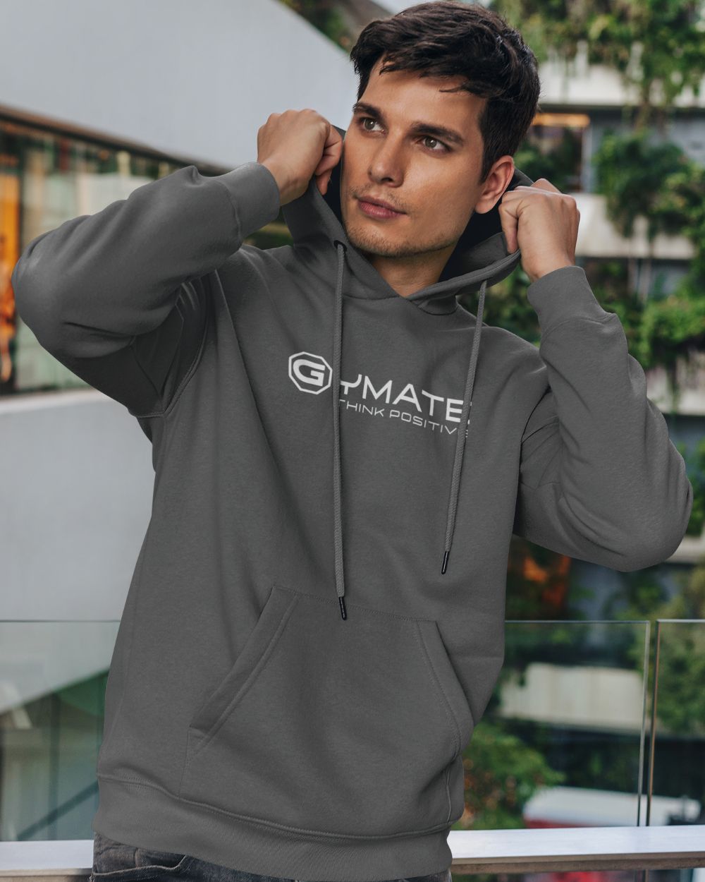 front view of man wearing grey Branded mens hoodies
