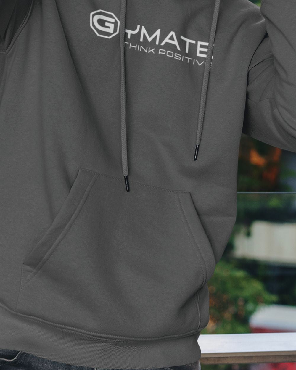 close up of pockets and hem of grey Branded mens hoodies