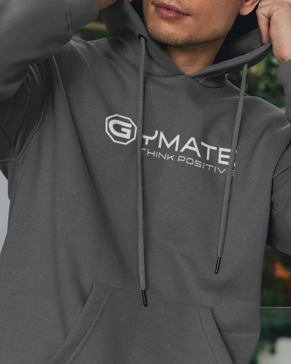 close up of logo on grey Branded mens hoodies