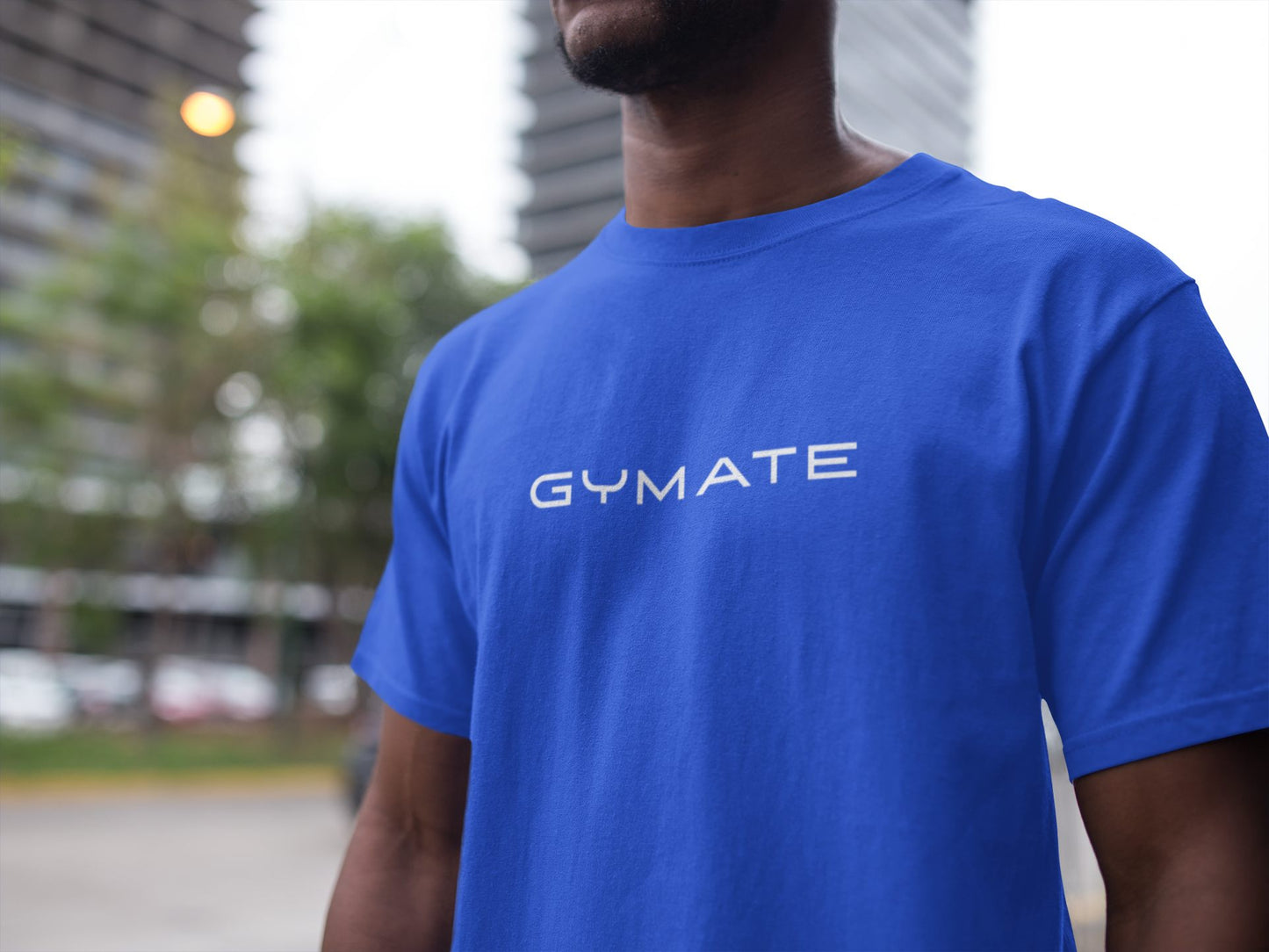 Designer mens t shirts Gymate large logo blue