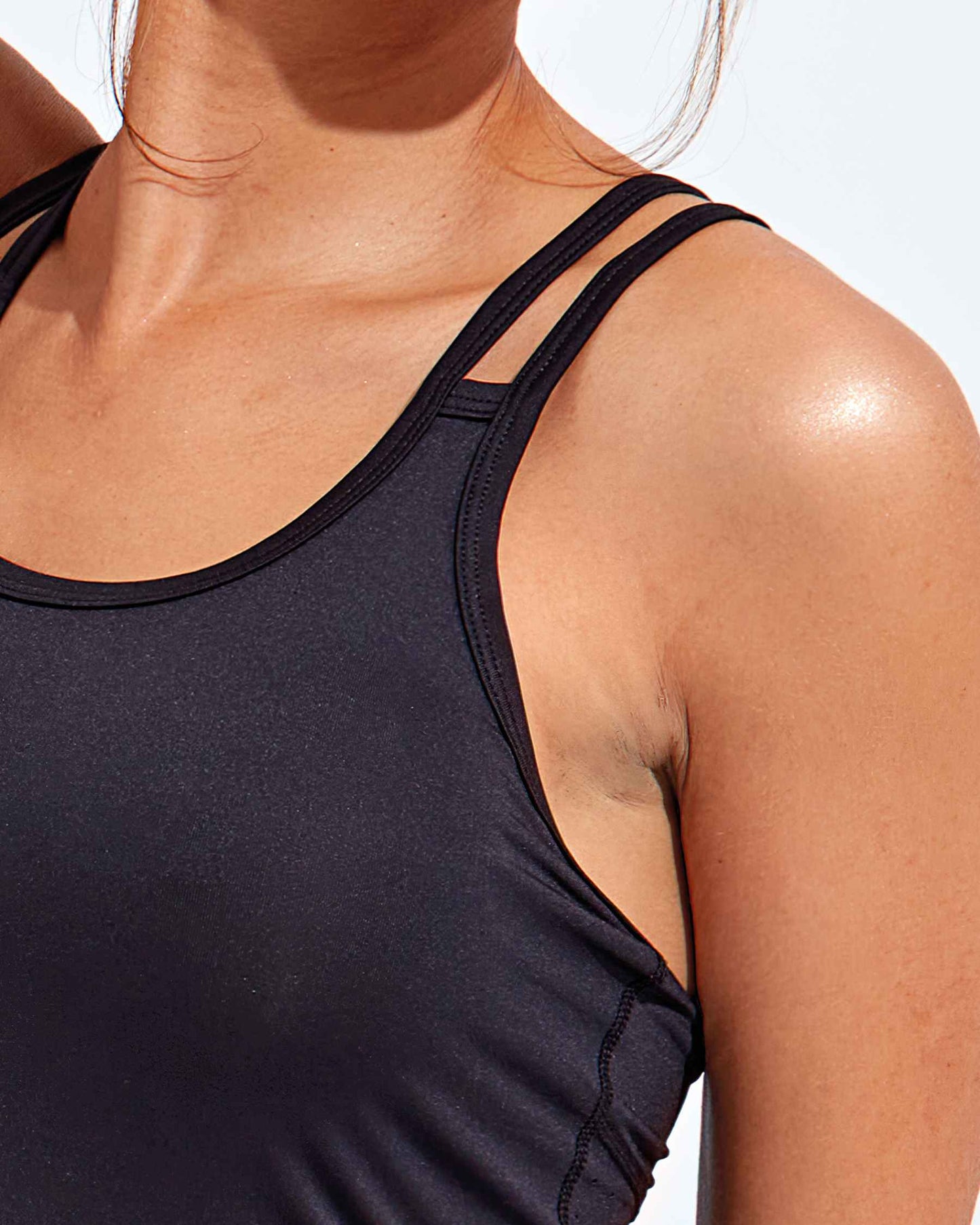 Womens Sports Vest LaserCut Spaghetti Strap close up strap
