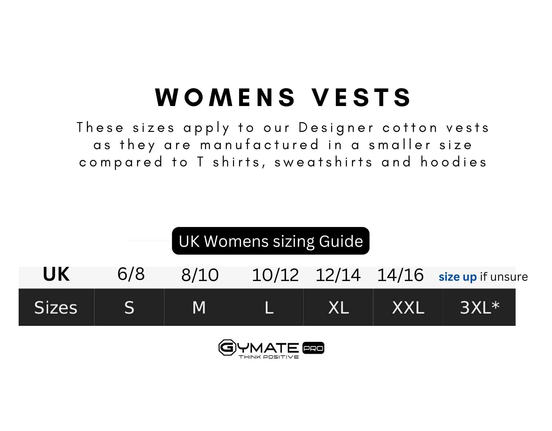 Womens Gym Vest & Tank Top | Gymate Athleisure size chart