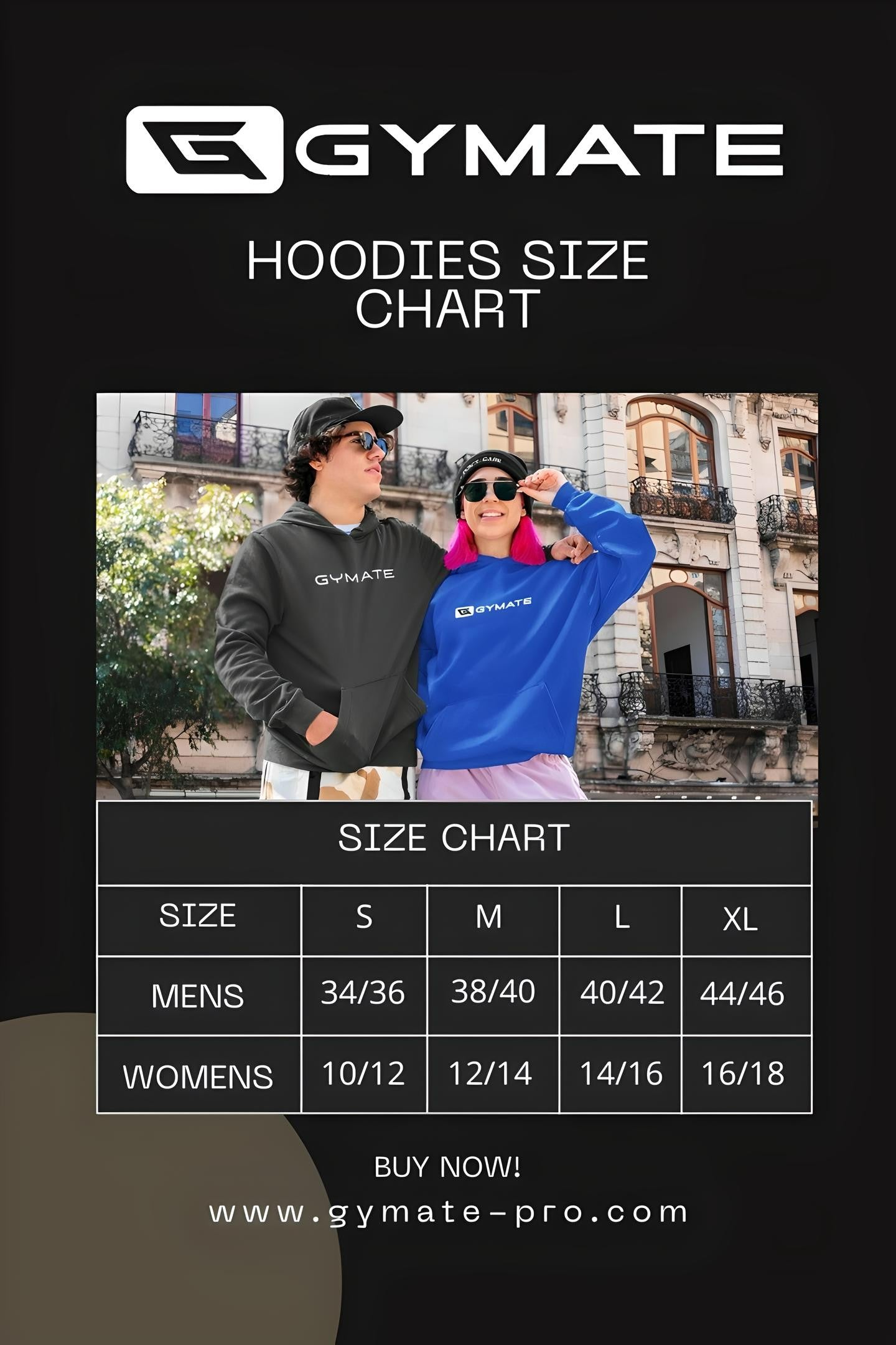 Gymate mens and womens designer hoodies size chart