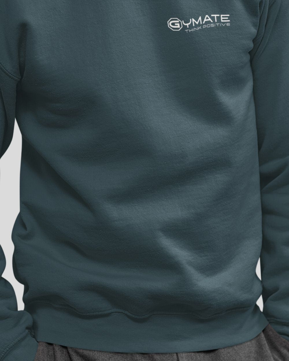airforce blue Mens Sweatshirt Chest 'Think Positive' close up