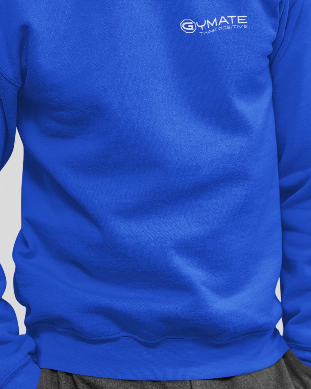 royal blue Mens Sweatshirt Chest 'Think Positive' close up