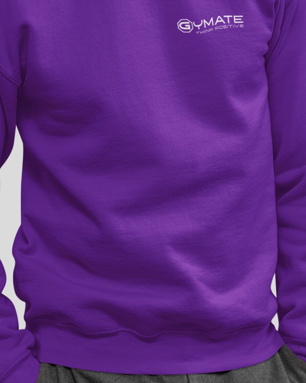 purple Mens Sweatshirt Chest 'Think Positive' close up