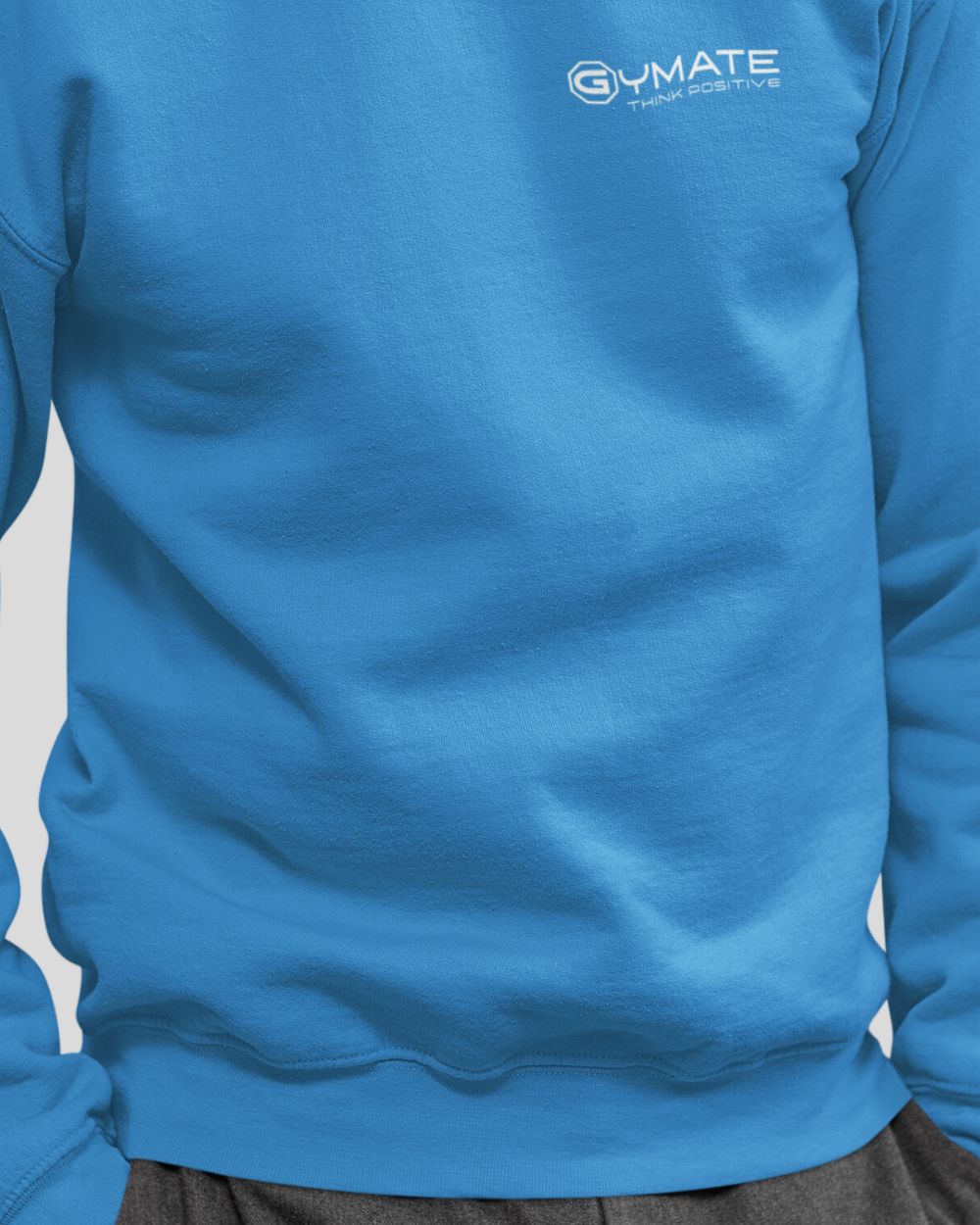 sapphire blue Mens Sweatshirt Chest 'Think Positive' close up