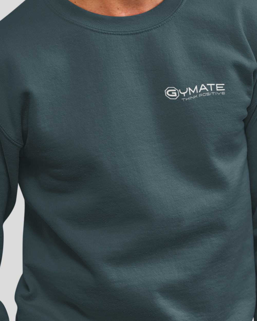 airforce blue Mens Sweatshirt Chest 'Think Positive' close up neck