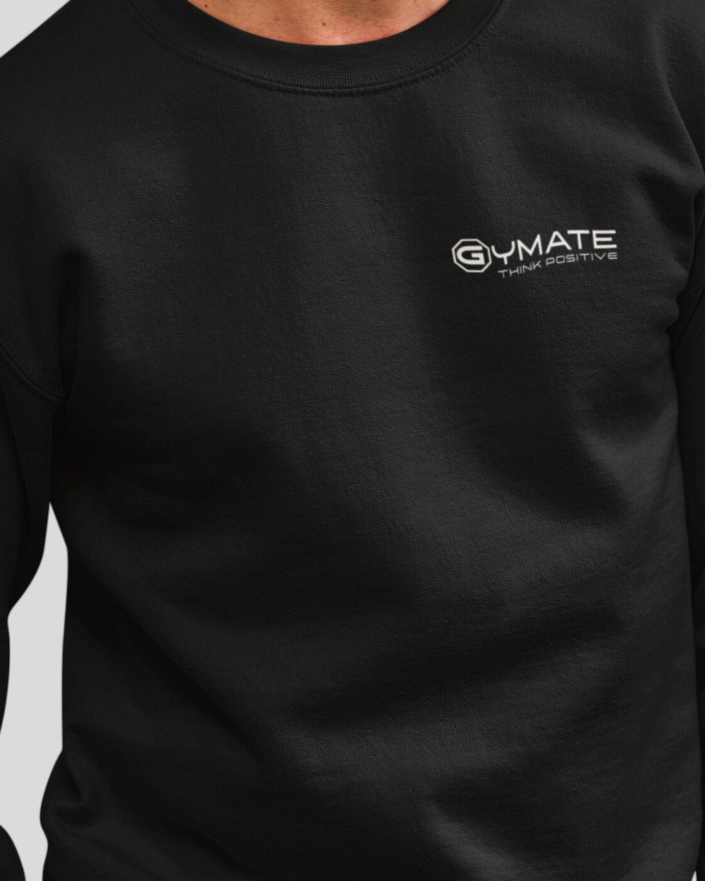 black Mens Sweatshirt Chest 'Think Positive' close up neck