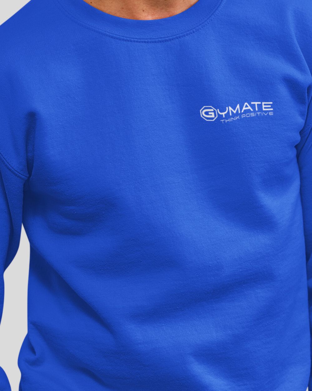 royal blue Mens Sweatshirt Chest 'Think Positive' close up neck
