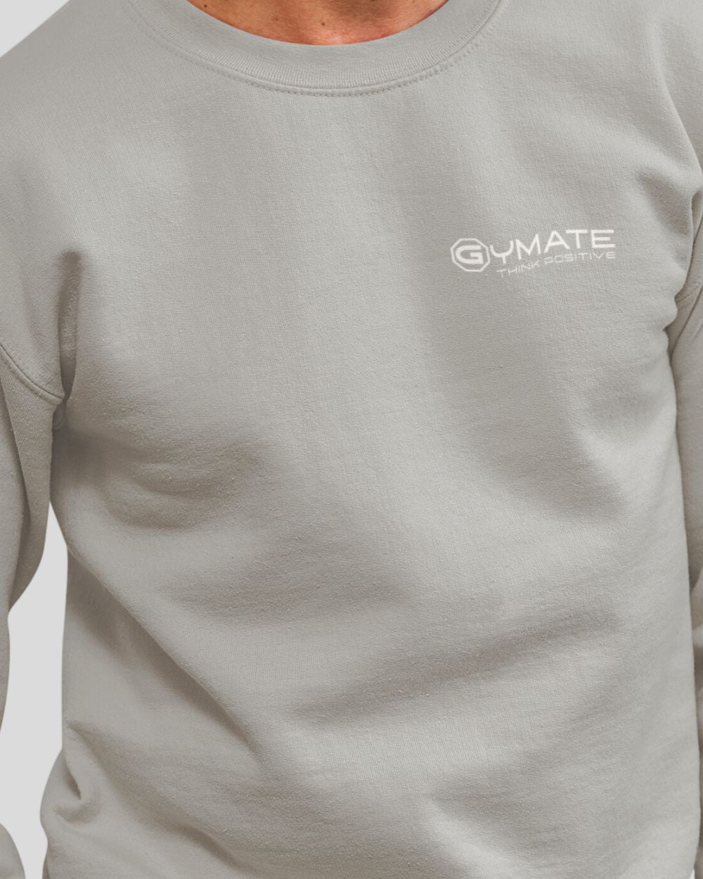 moondust grey Mens Sweatshirt Chest 'Think Positive' close up neck
