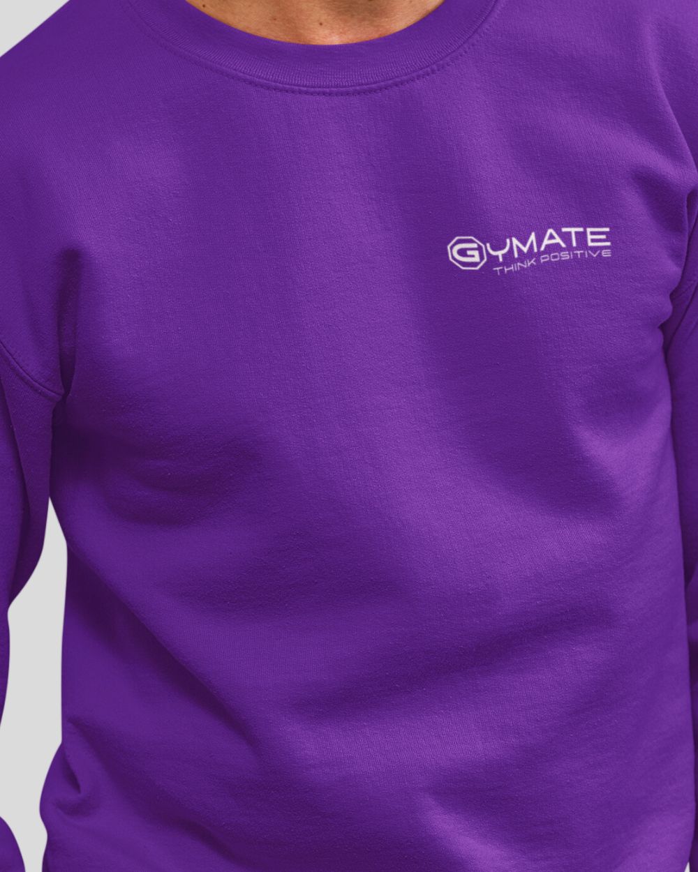 purple Mens Sweatshirt Chest 'Think Positive' close up neck