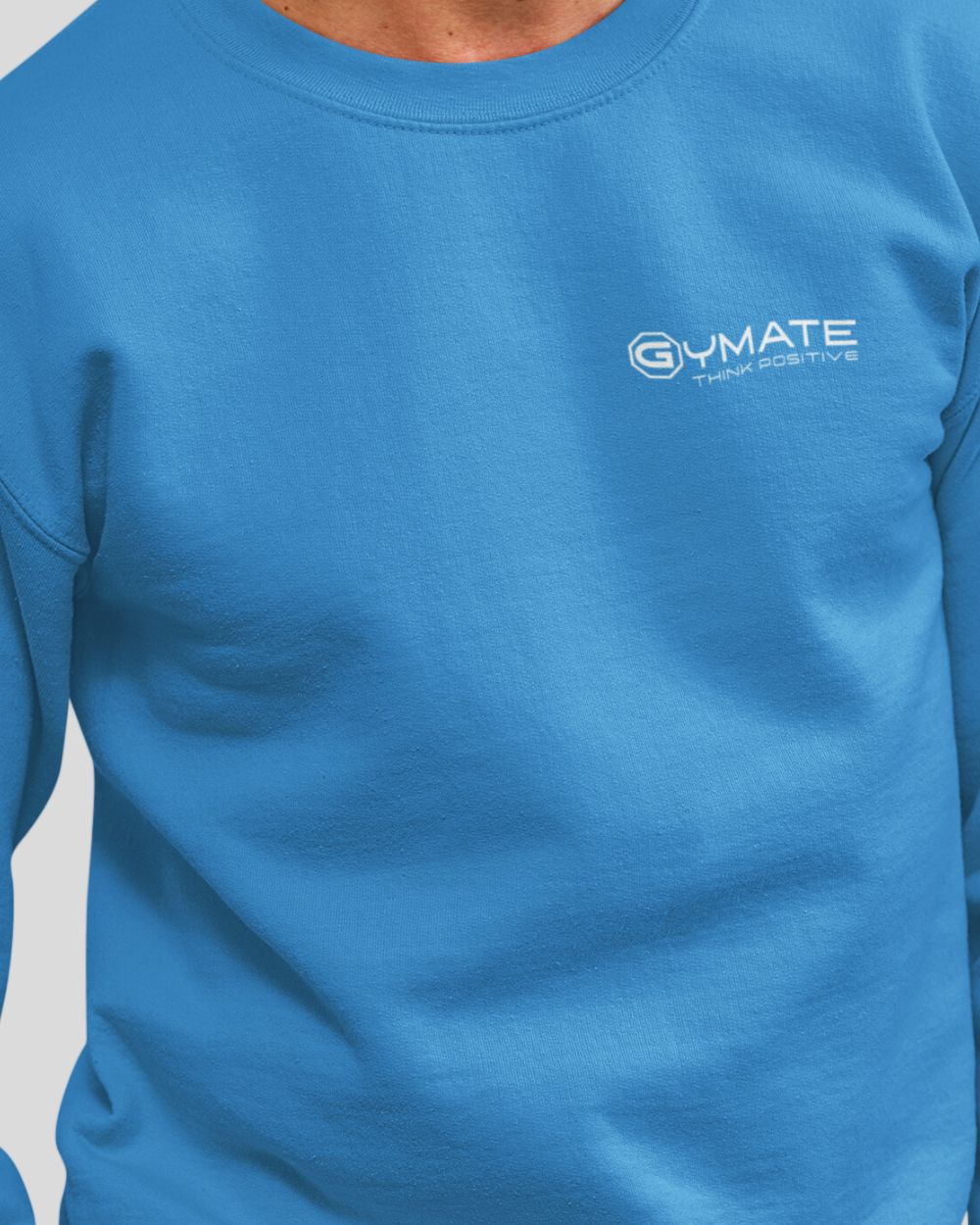 spphire blue Mens Sweatshirt Chest 'Think Positive' close up neck
