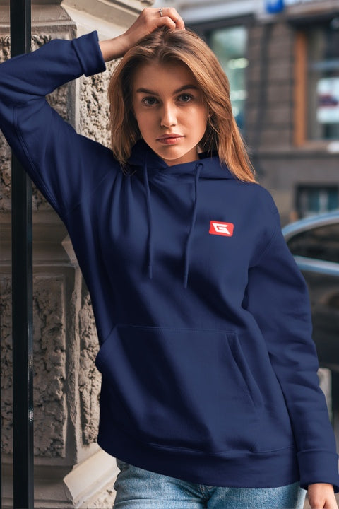 Designer Hoodies for Women Gymate Red logo Navy Chest