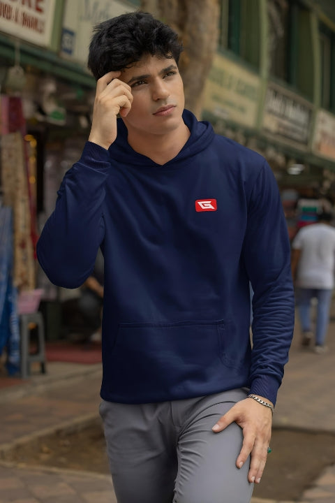 Designer Hoodies for Men Gymate Red logo Navy Chest