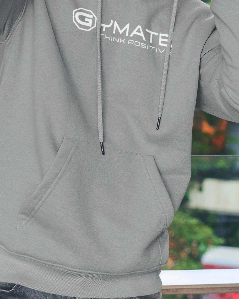 close up of pocket on light grey Branded mens hoodies
