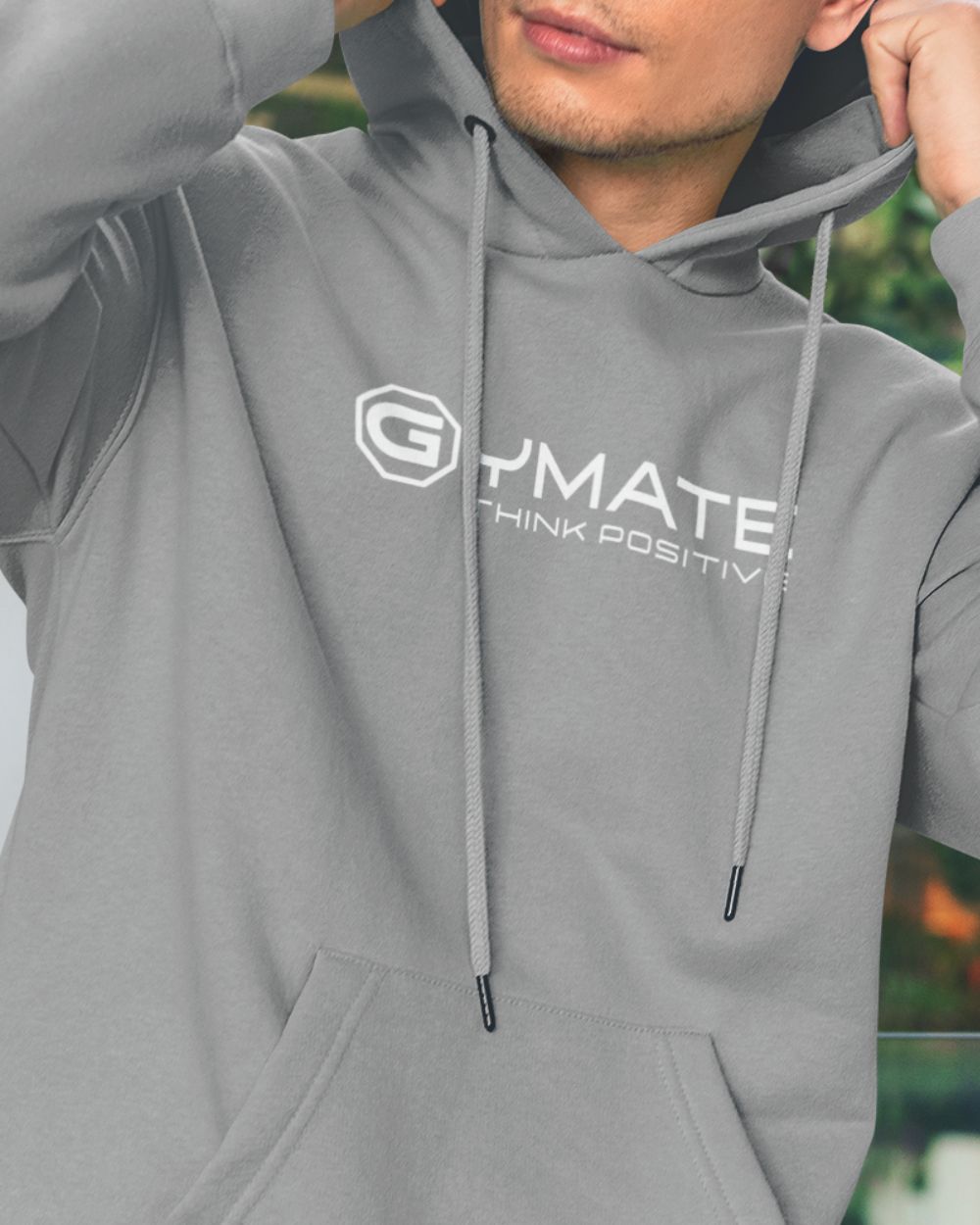 close up of gymate logo on light grey Branded mens hoodies