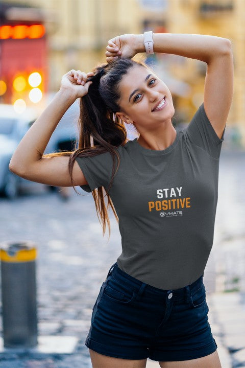 Womens Positive Slogan T shirt 'Stay Positive' grey