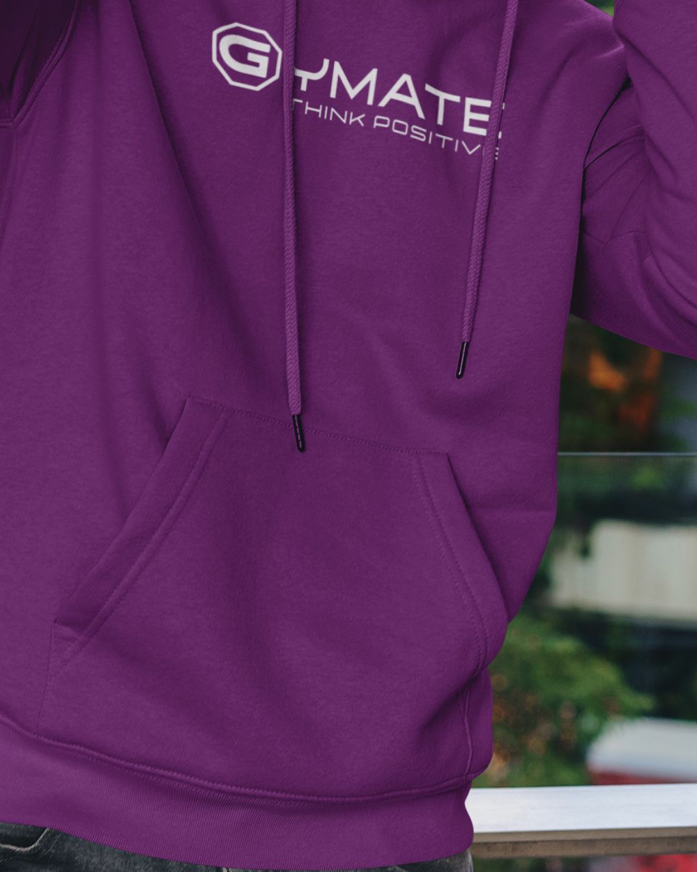 close up of pockets and hem on purple Branded mens hoodies