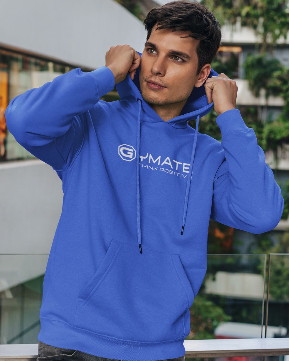 Men’s light blue designer hoodie with centre ‘Think Positive’ logo