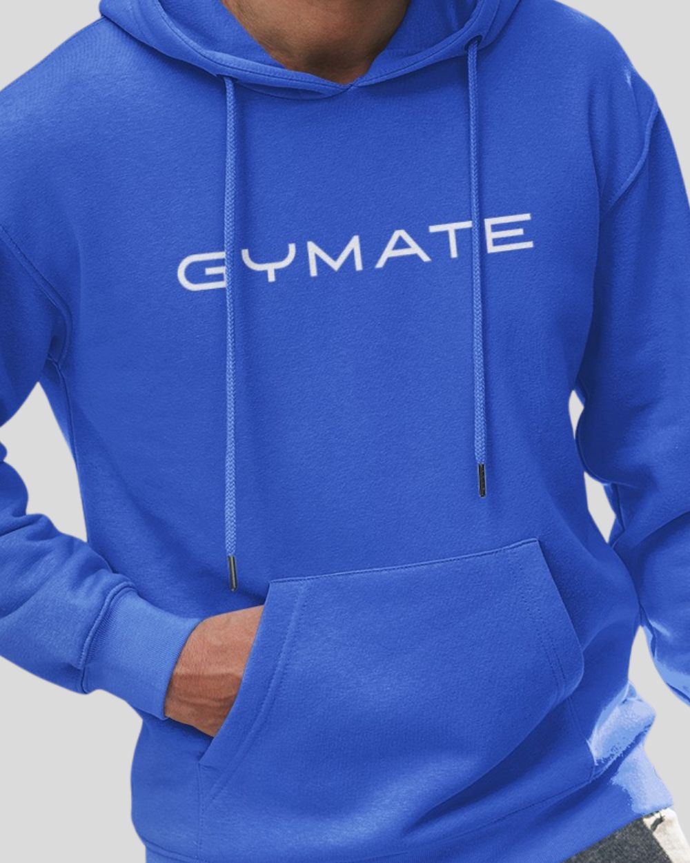 Classic Mens Blue Hoodies – Gymate Original close up of large logo