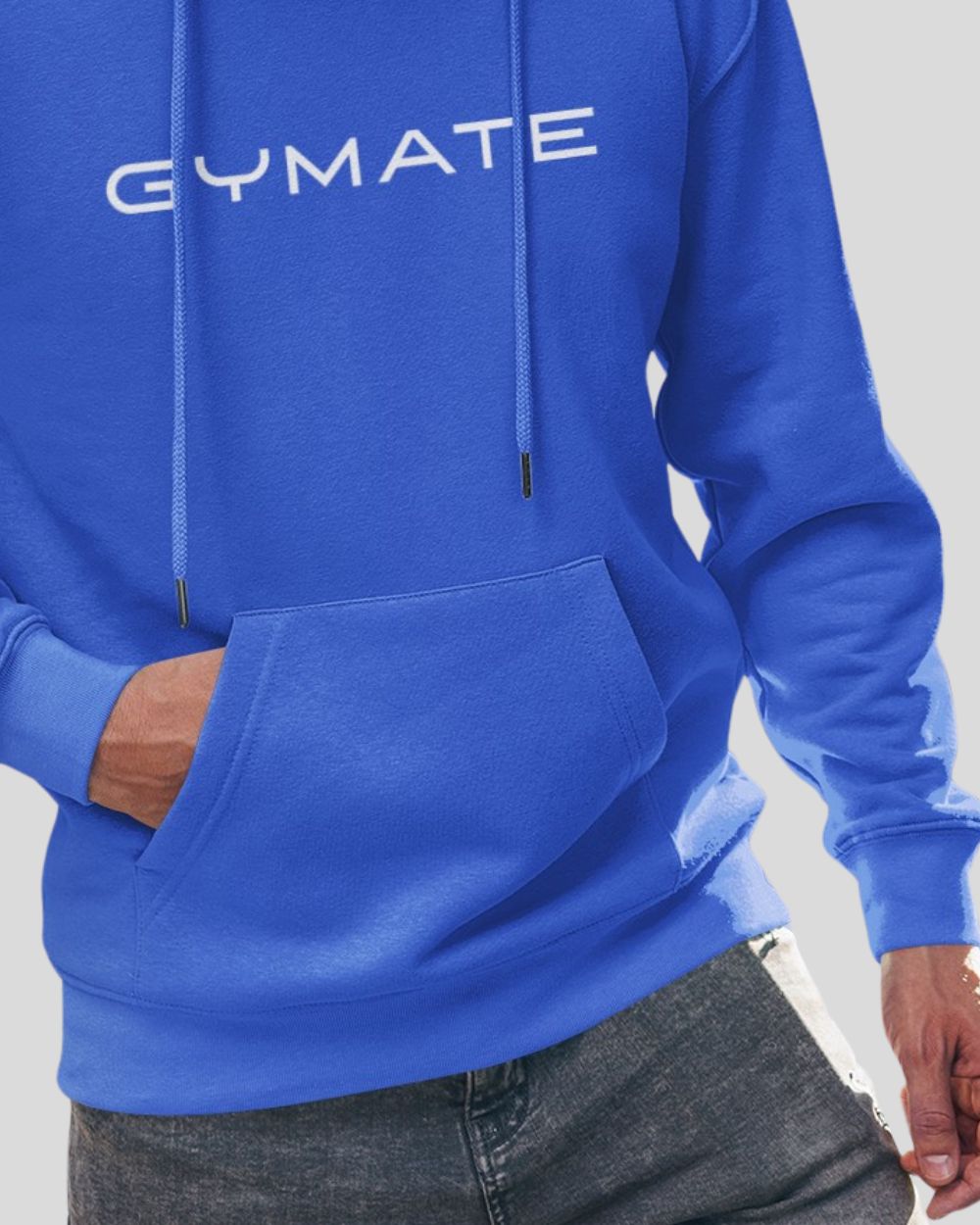 Classic Mens Blue Hoodies – Gymate Original Large Logo lose up of hem and cuffs