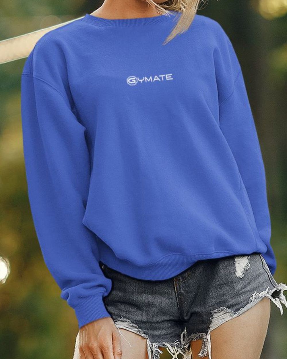 royal blue front close up of navy blue Designer Womens Sweatshirts Gymate Logo