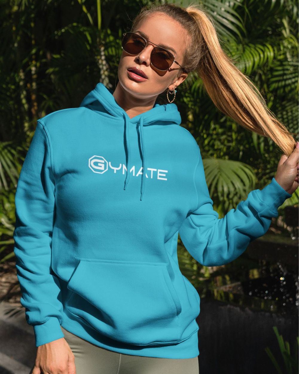 Womens Designer Hoodies Gymate logo centre turquoise