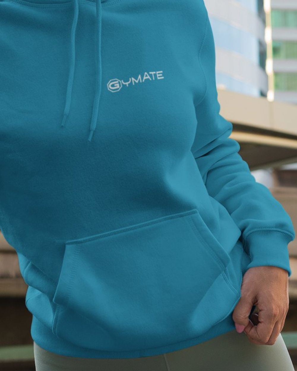 sapphire blue womens designer hoodie with close up of hem and cuffs