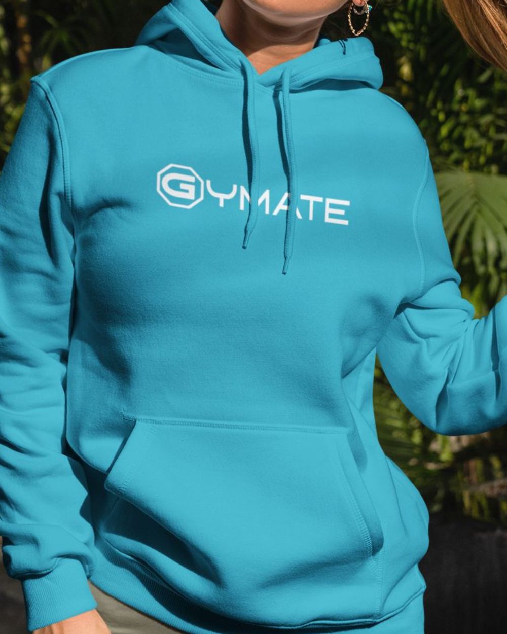 Womens Designer Hoodies Gymate logo close up front turquoise