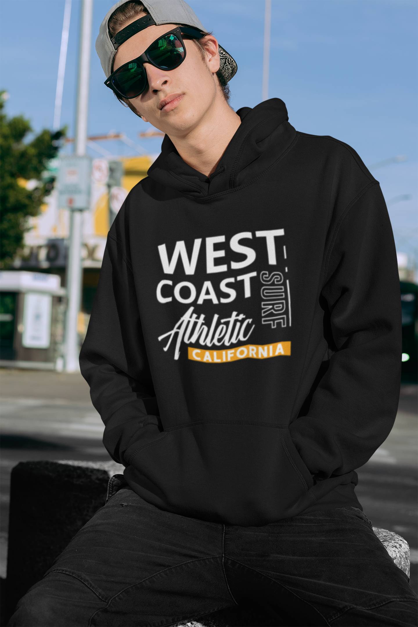 black Sports Hoodies Mens with a West Coast Athletic Design graphic