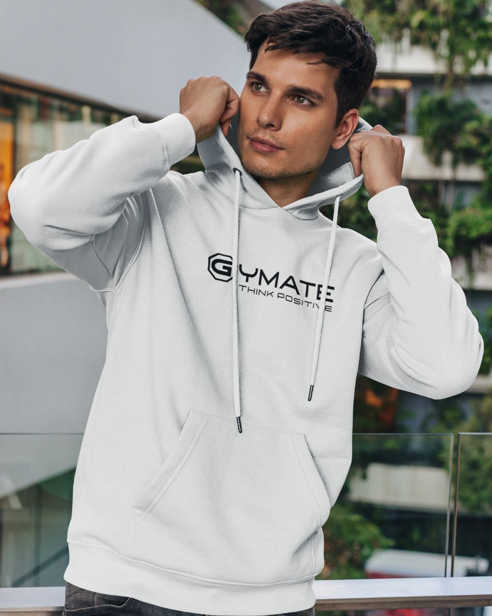 man wearing a gymate Comfortable designer mens white hoodies