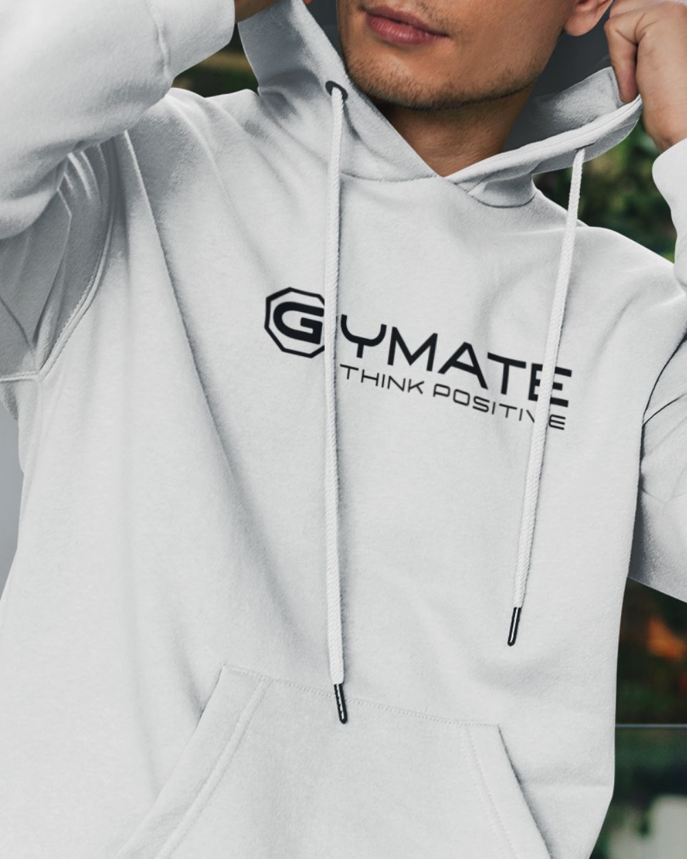 close up of gymate mens white hoodies
