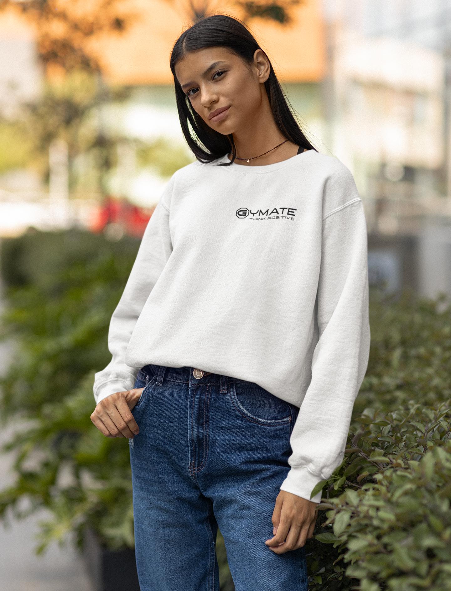 White Designer Womens Sweatshirts 'Think Positive' Gymate logo