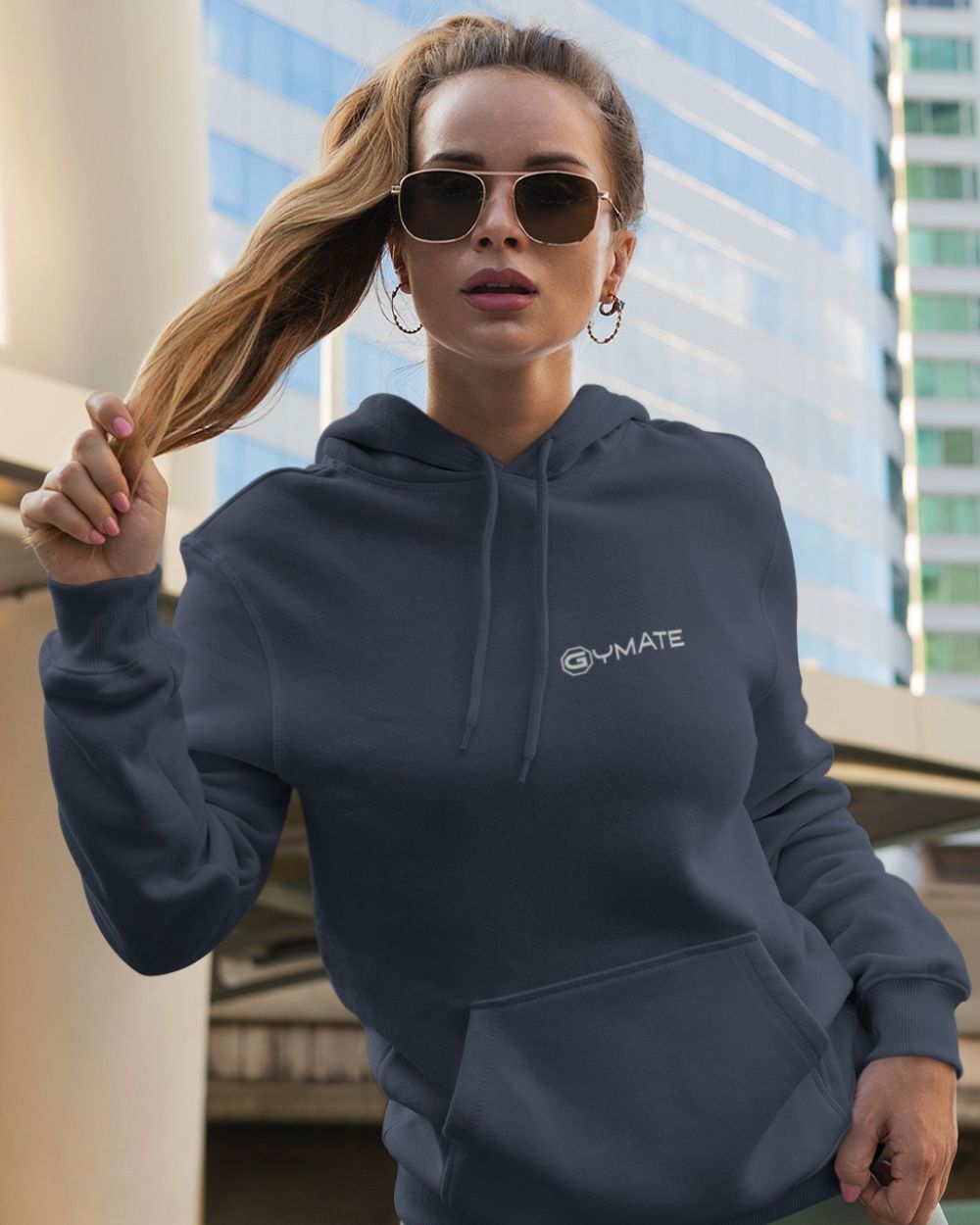 airforce blue womens designer hoodie with gymate logo on chest
