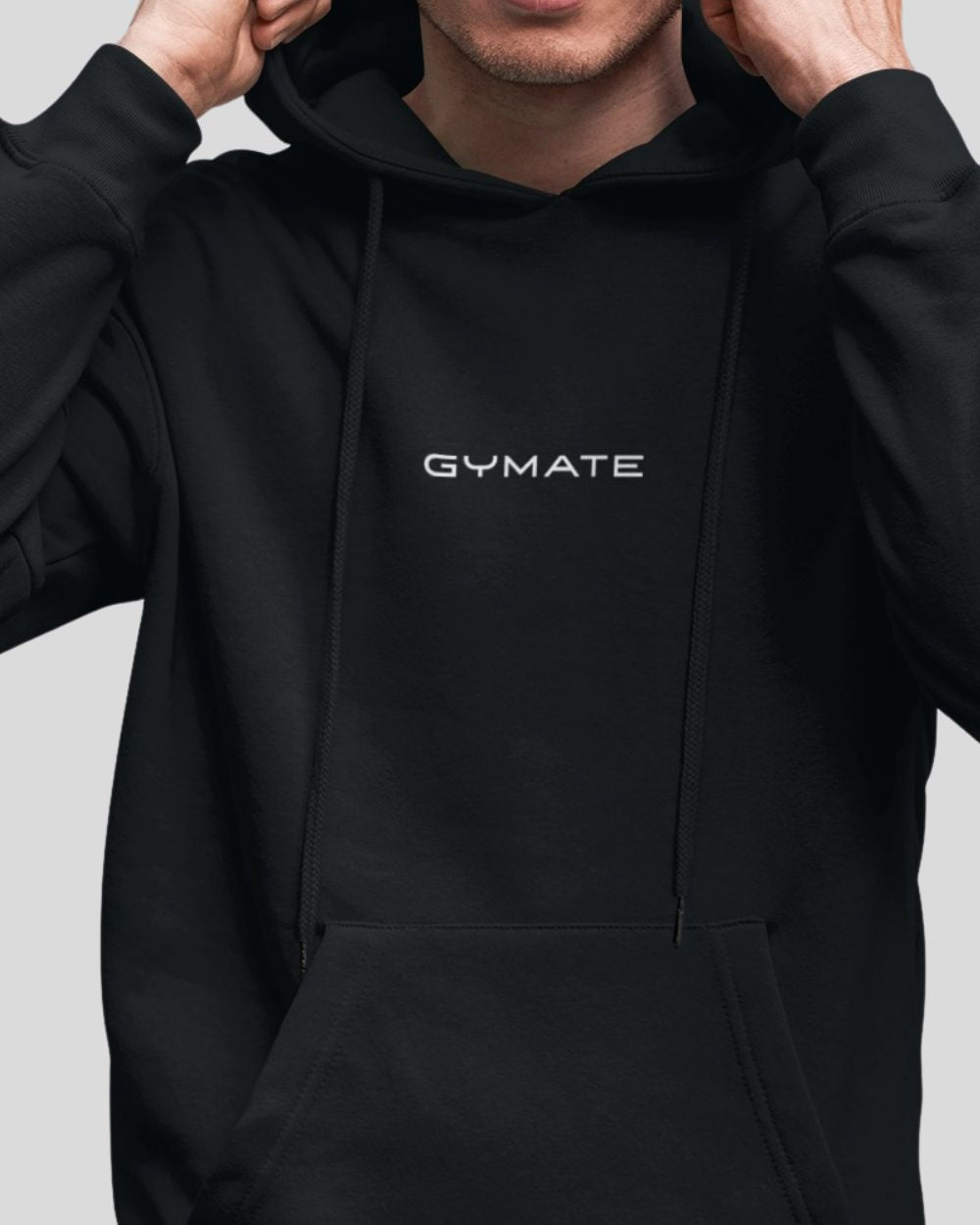 black Mens Athleisure Hoodies Gymate Original close up front
