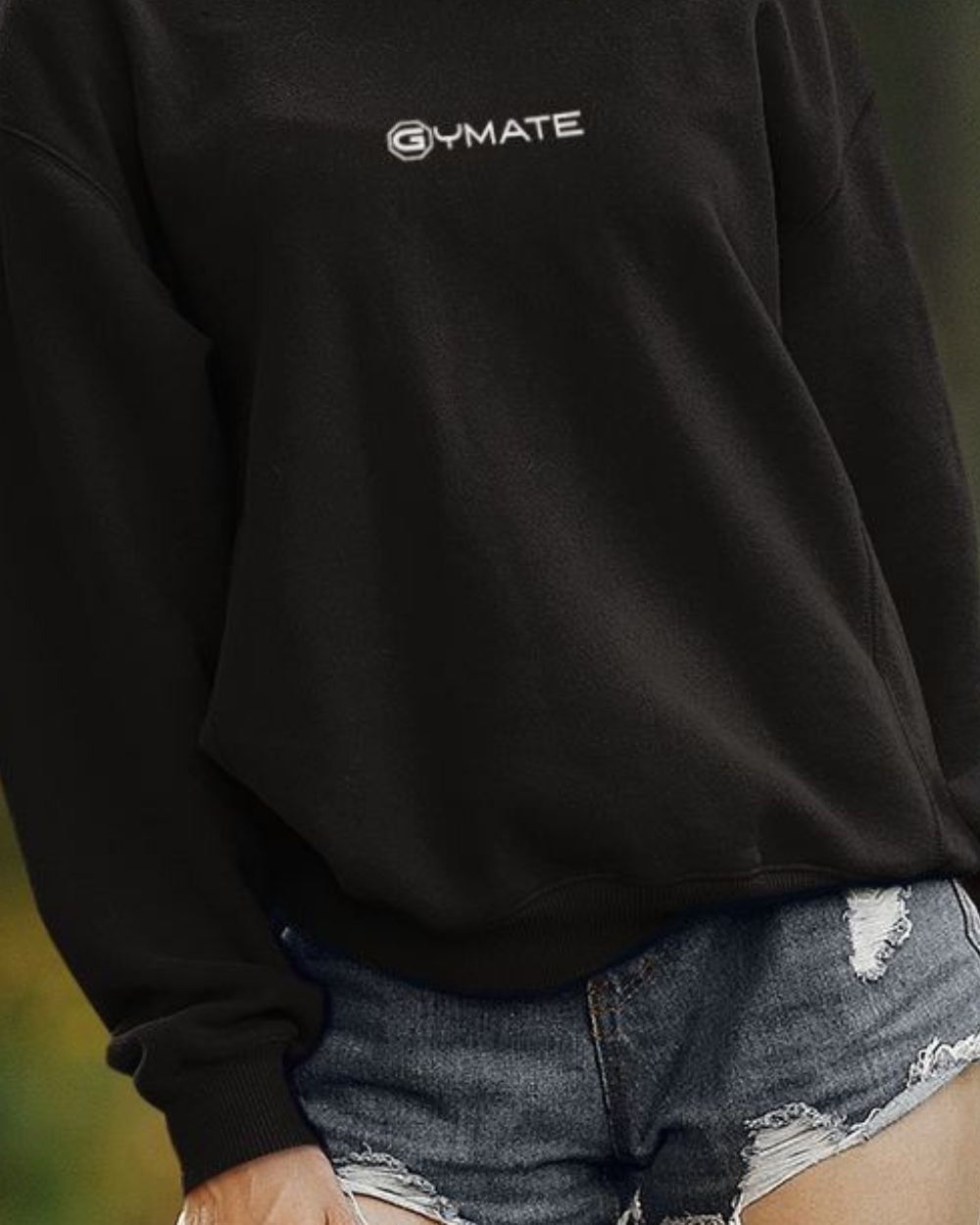 close up of hem and cuff of black Designer Womens Sweatshirts Gymate Logo centre