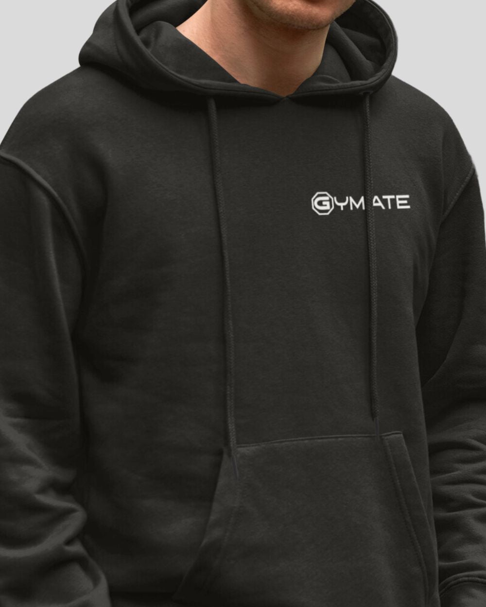 black Mens Hoodies Designer Gymate close up logo
