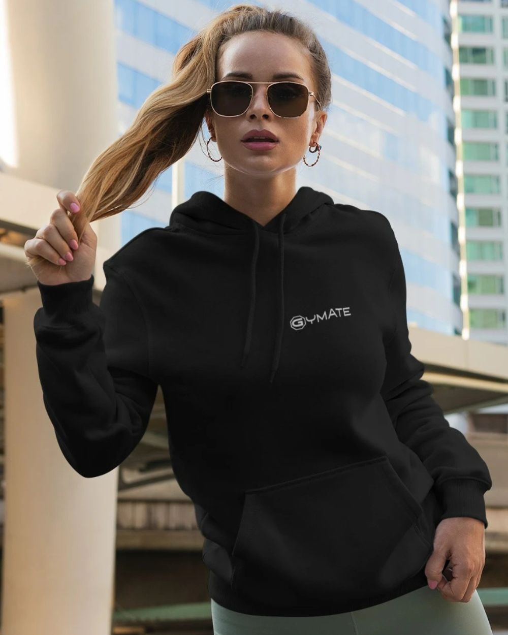 black womens designer hoodie with gymate logo on chest