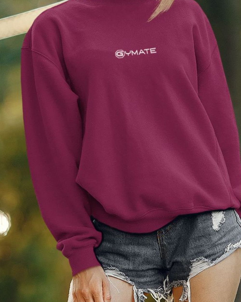 burgandy close up front of Designer Womens Sweatshirts Gymate Logo centre