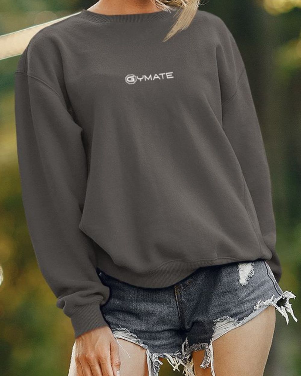 dark grey close up of logo on Designer Womens Sweatshirts Gymate Logo centre