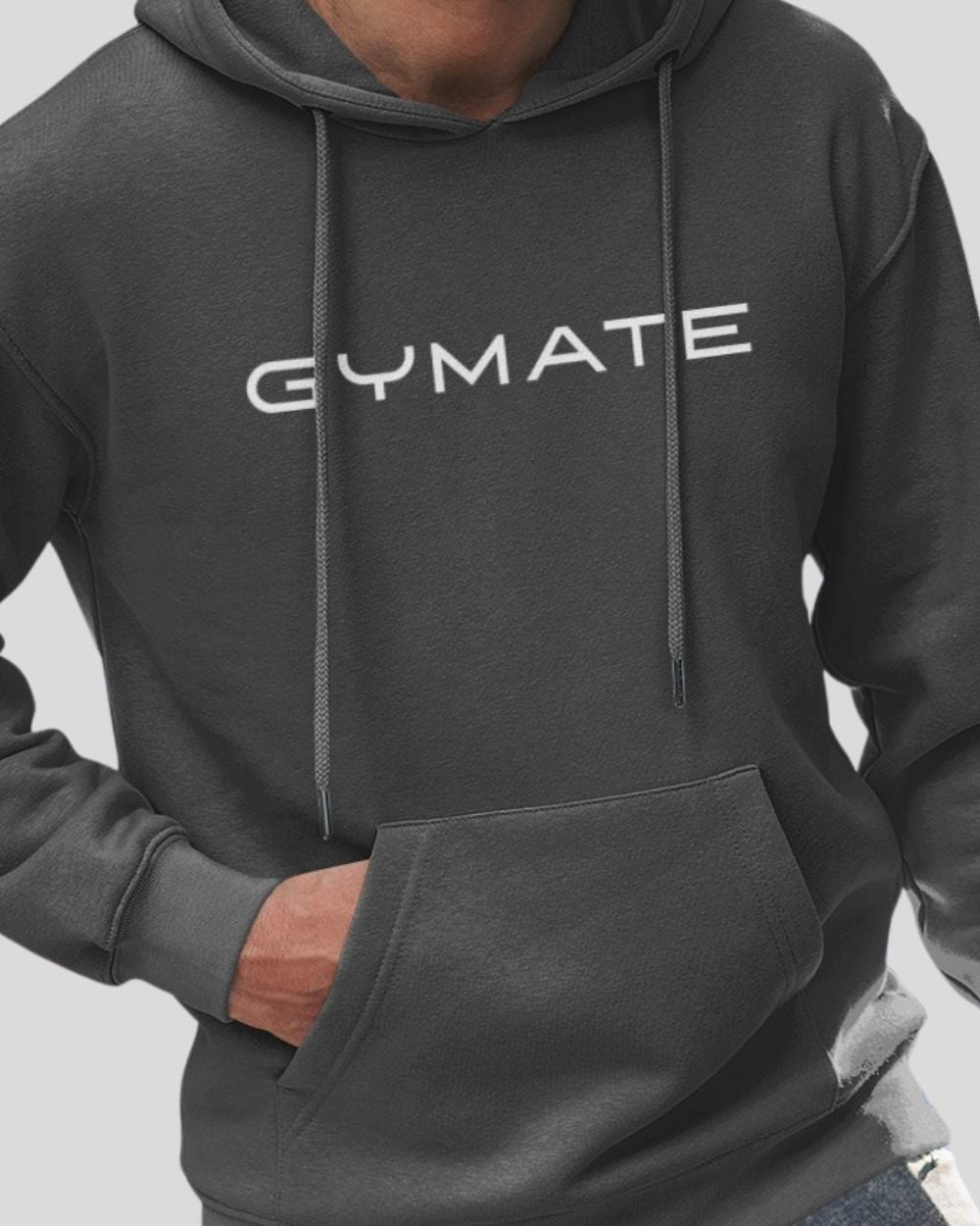 dark grey Mens Hoodies Designer Gymate close up logo
